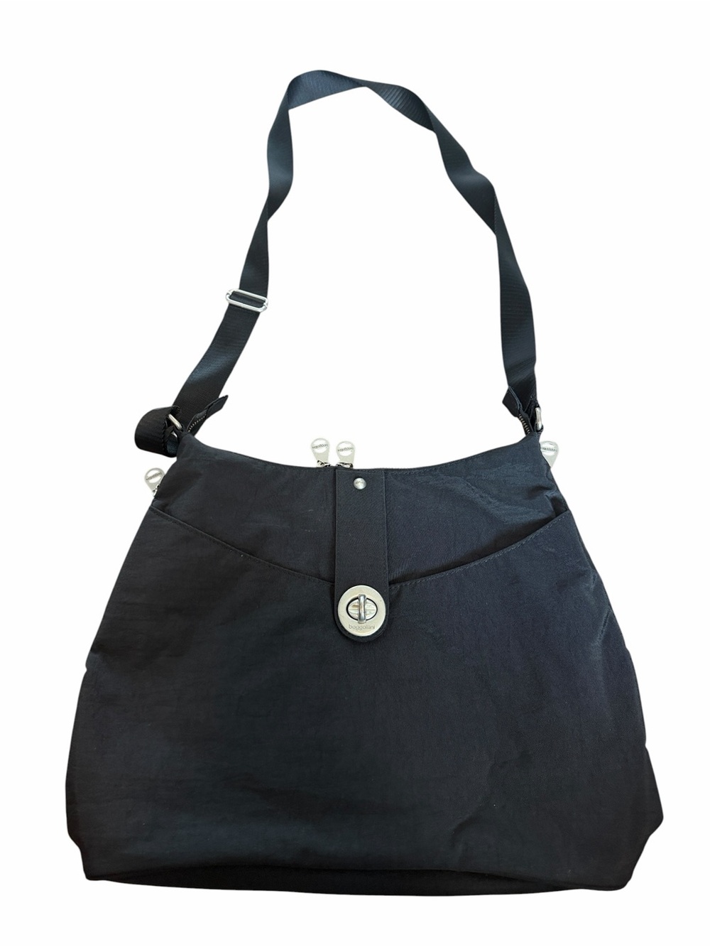 Baggallini Helenski Black Crossbody Hobo Bag Silver Hardware RFID Card Slots